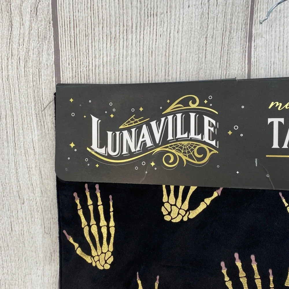 Lunaville Table Runner Black Gold Metallic Skeleton Hand Beaded Nails Halloween